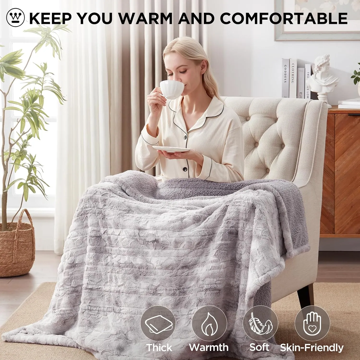 Westinghouse Electric Throw Blanket, Faux Fur Heated Blanket with 6 Heating Levels & 2-10 Hours Auto Off, Soft Cozy Sherpa Heated Blanket Washable Blanket (50" x 60" Throw Size, Light Grey)