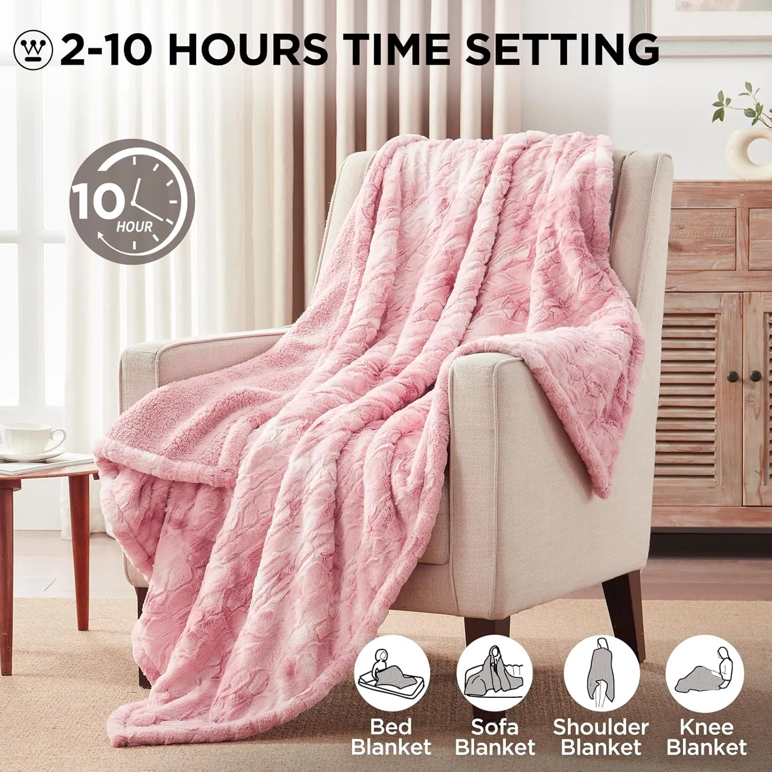 Westinghouse Electric Throw Blanket, Faux Fur Heated Blanket with 6 Heating Levels & 2-10 Hours Auto Off, Soft Cozy Sherpa Heated Blanket Washable Blanket (50" x 60" Throw Size, Pink)