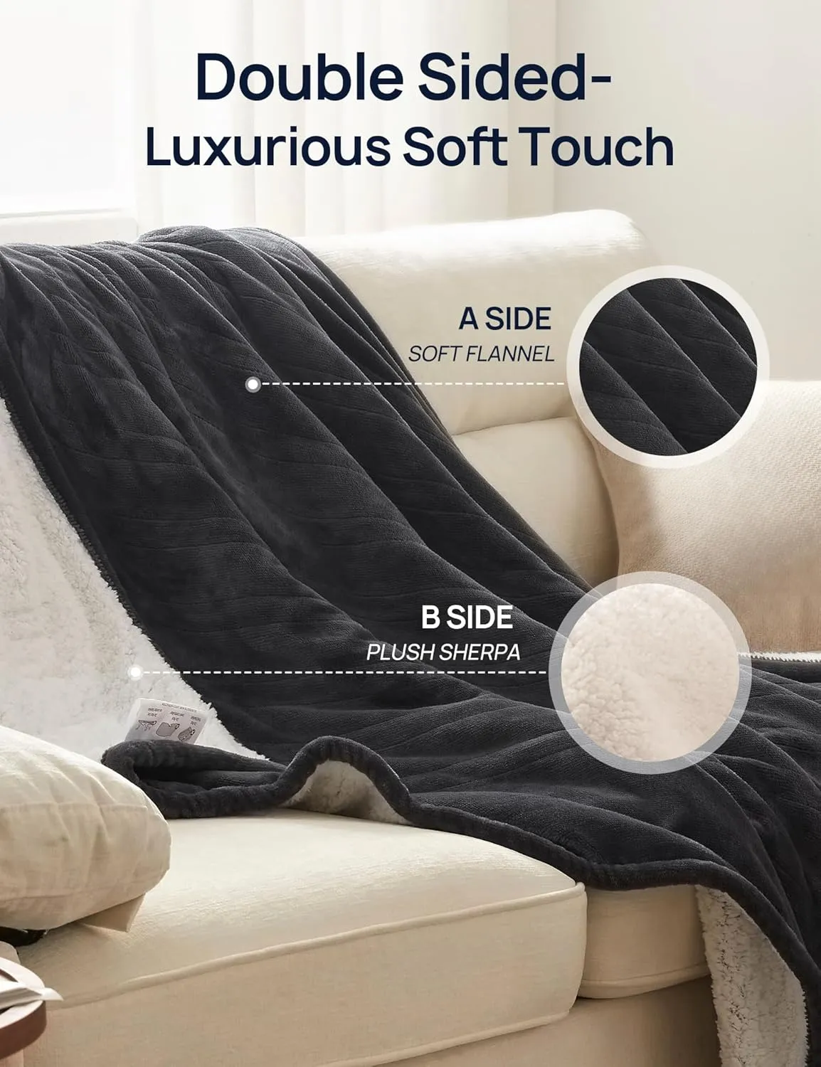 Westinghouse Electric Throw Blanket with Foot Pocket for Adults, Soft Flannel to Sherpa Heated Throw with 6 Heating Levels & 2-10 Hours Time Settings, Fast Heating & Machine Washable, 50x62, Charcoal