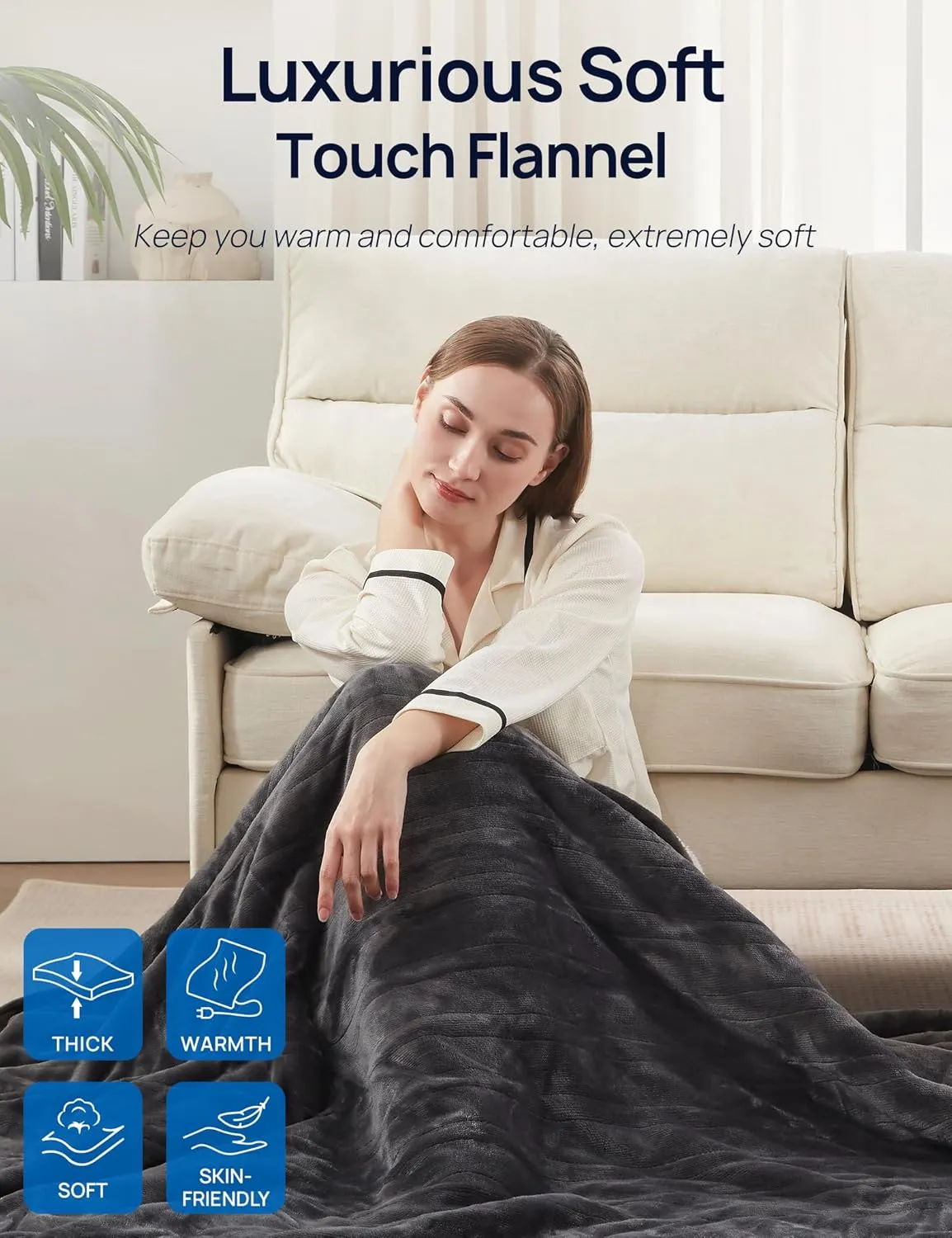 Westinghouse Electric Throw Blanket with Foot Pocket for Adults, Soft Flannel to Sherpa Heated Throw with 6 Heating Levels & 2-10 Hours Time Settings, Fast Heating & Machine Washable, 50x62, Charcoal