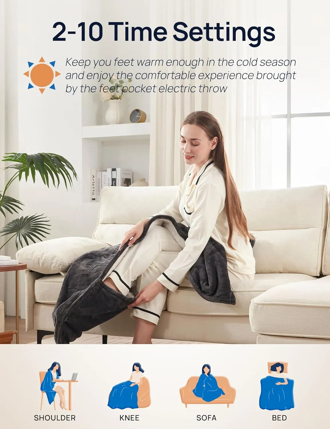 Westinghouse Electric Throw Blanket with Foot Pocket for Adults, Soft Flannel to Sherpa Heated Throw with 6 Heating Levels & 2-10 Hours Time Settings, Fast Heating & Machine Washable, 50x62, Charcoal
