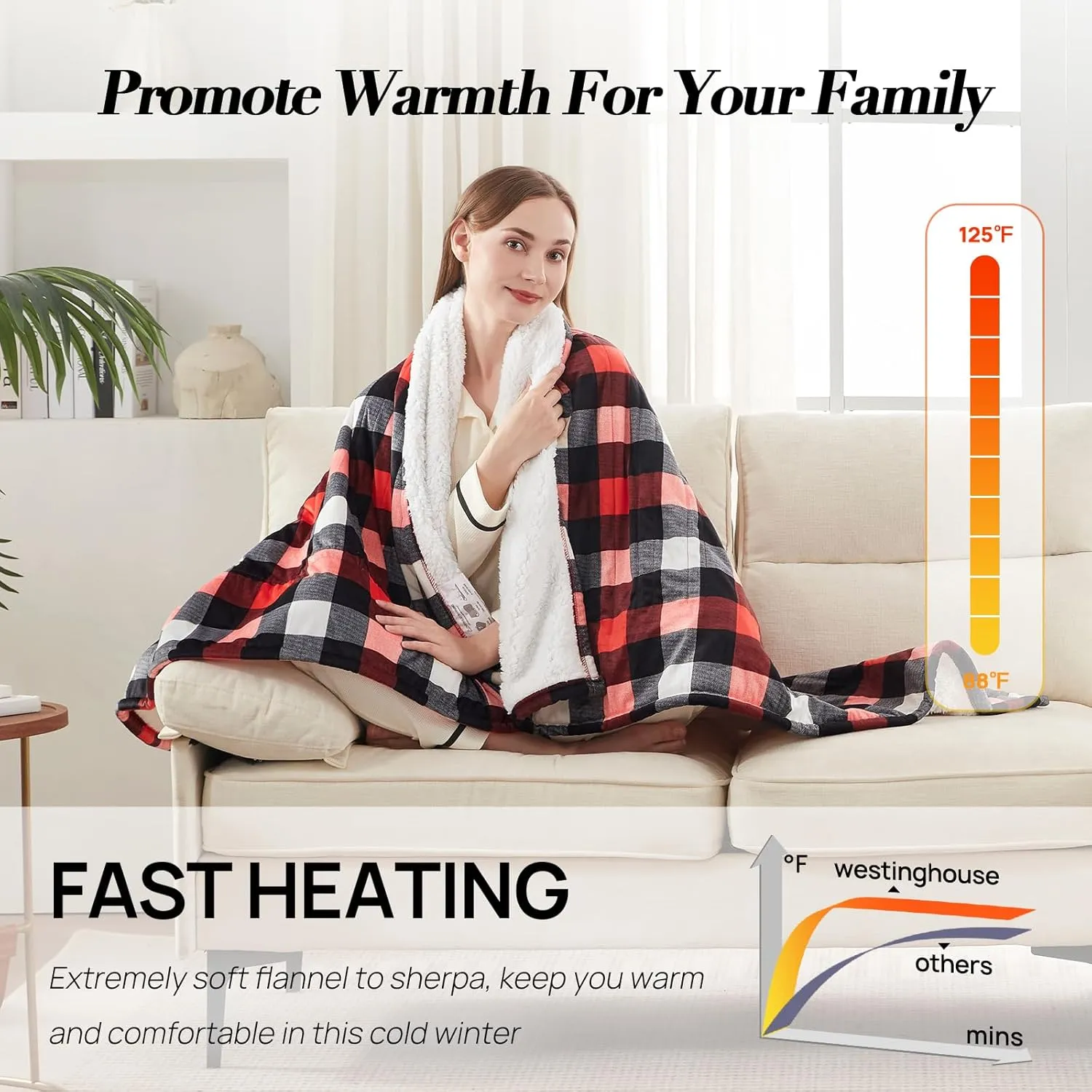 Westinghouse Electric Throw Heated Throw Blanket Soft Flannel & Sherpa Heating Blanket with 6 Heating Levels 2-10 Hours Auto-Off, Fast Heating & Overheat Protection Machine Washable, Red 50x60 Inches