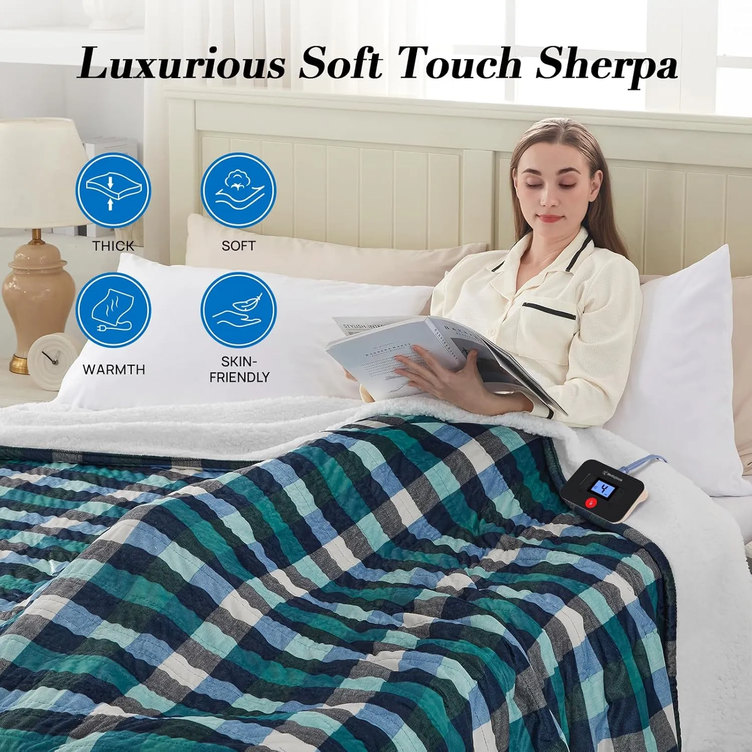 Westinghouse Full Size Heated Blanket Electric Blanket, Flannel & Sherpa Heating Blanket with10 Heating Levels & 1 to 12 Hours Heating Time Settings, Fast Heating Blanket Green Plaid, 72x84 Inches