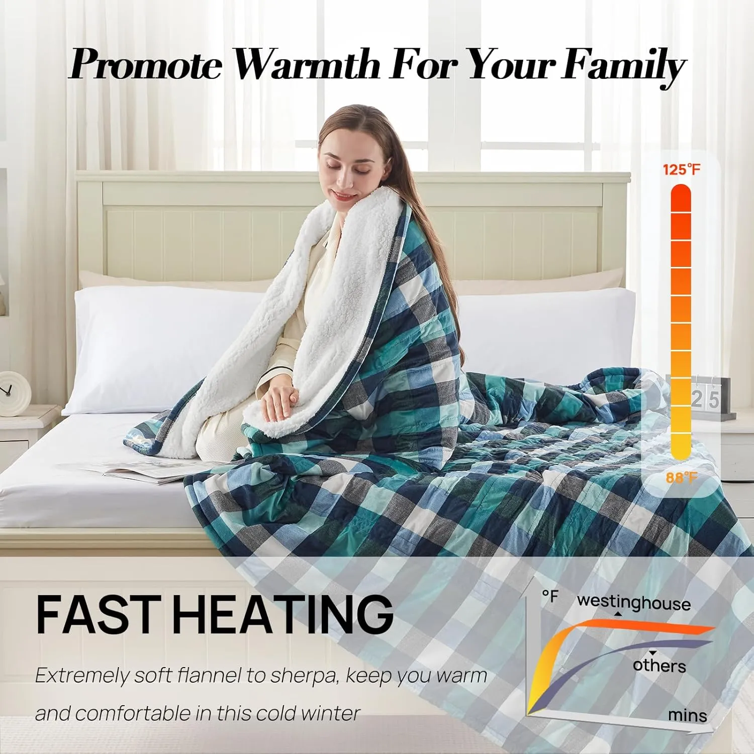 Westinghouse Full Size Heated Blanket Electric Blanket, Flannel & Sherpa Heating Blanket with10 Heating Levels & 1 to 12 Hours Heating Time Settings, Fast Heating Blanket Green Plaid, 72x84 Inches