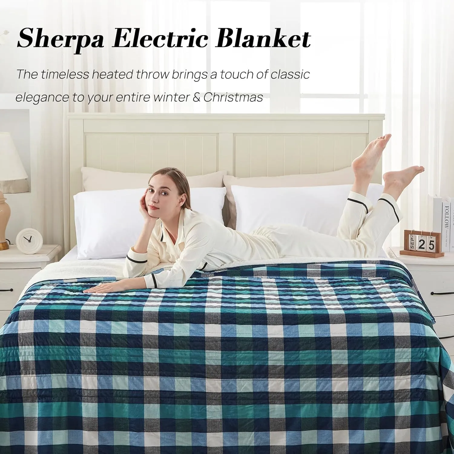 Westinghouse Full Size Heated Blanket Electric Blanket, Flannel & Sherpa Heating Blanket with10 Heating Levels & 1 to 12 Hours Heating Time Settings, Fast Heating Blanket Green Plaid, 72x84 Inches