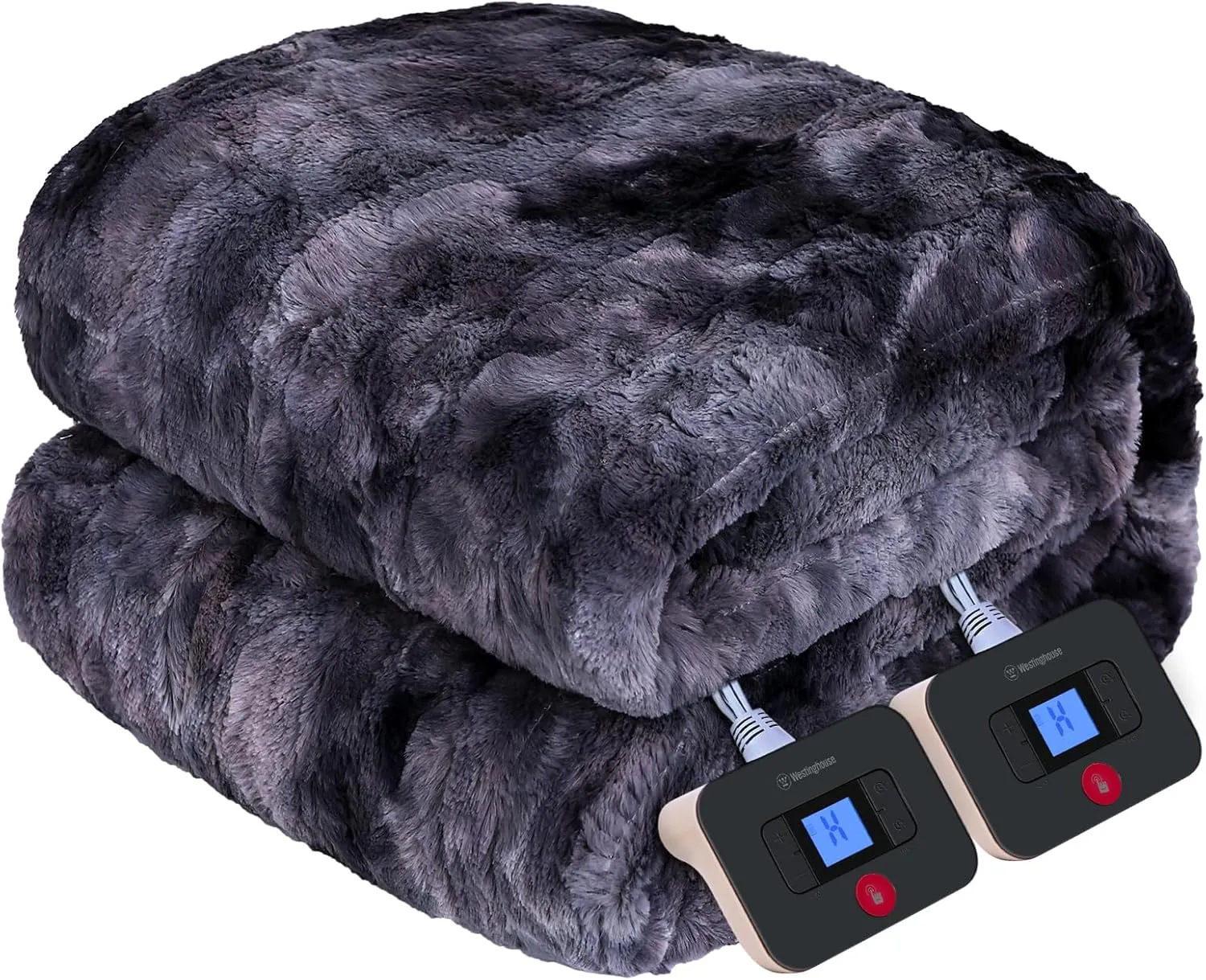 Westinghouse Heated Blanket, Faux Fur Electric Blanket with Dual Controller, 10 Heating Levels & 1 to 12 Hours Heating Time Settings, 84"x90", Grey