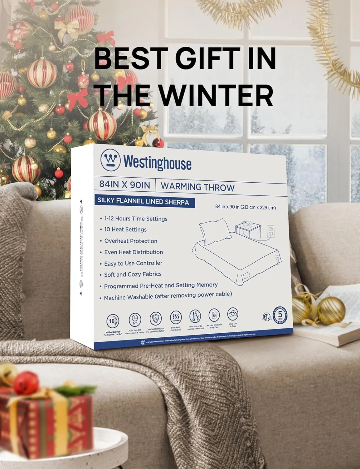 Westinghouse Heated Blanket, Faux Fur Electric Blanket with Dual Controller, 10 Heating Levels & 1 to 12 Hours Heating Time Settings, 84"x90", Grey