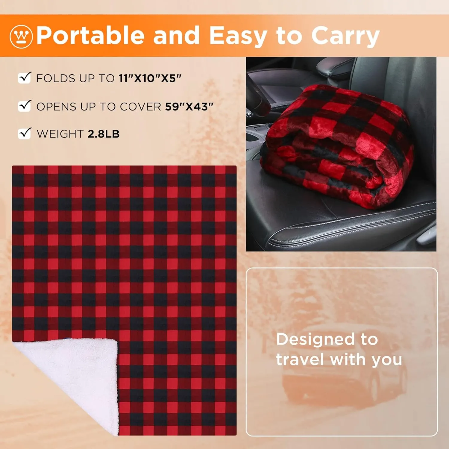 Westinghouse Heated Car Blanket with 3 Heating Levels, 4 Hours Auto Off, 12 Volt Electric Blanket for Car, Truck, SUV, RV, Machine Washable, 59" x 43”, (Red Buffalo Plaid)