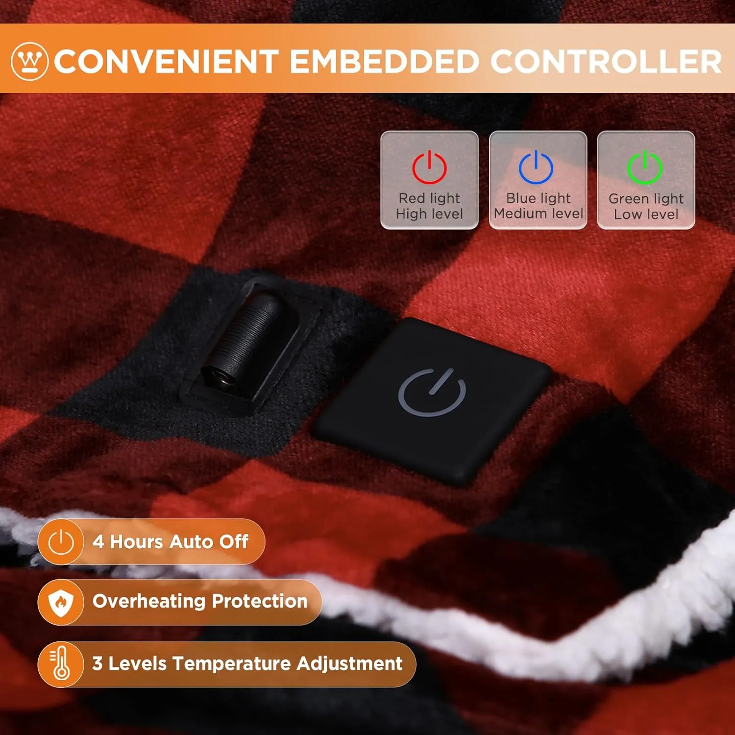 Westinghouse Heated Car Blanket with 3 Heating Levels, 4 Hours Auto Off, 12 Volt Electric Blanket for Car, Truck, SUV, RV, Machine Washable, 59" x 43”, (Red Buffalo Plaid)