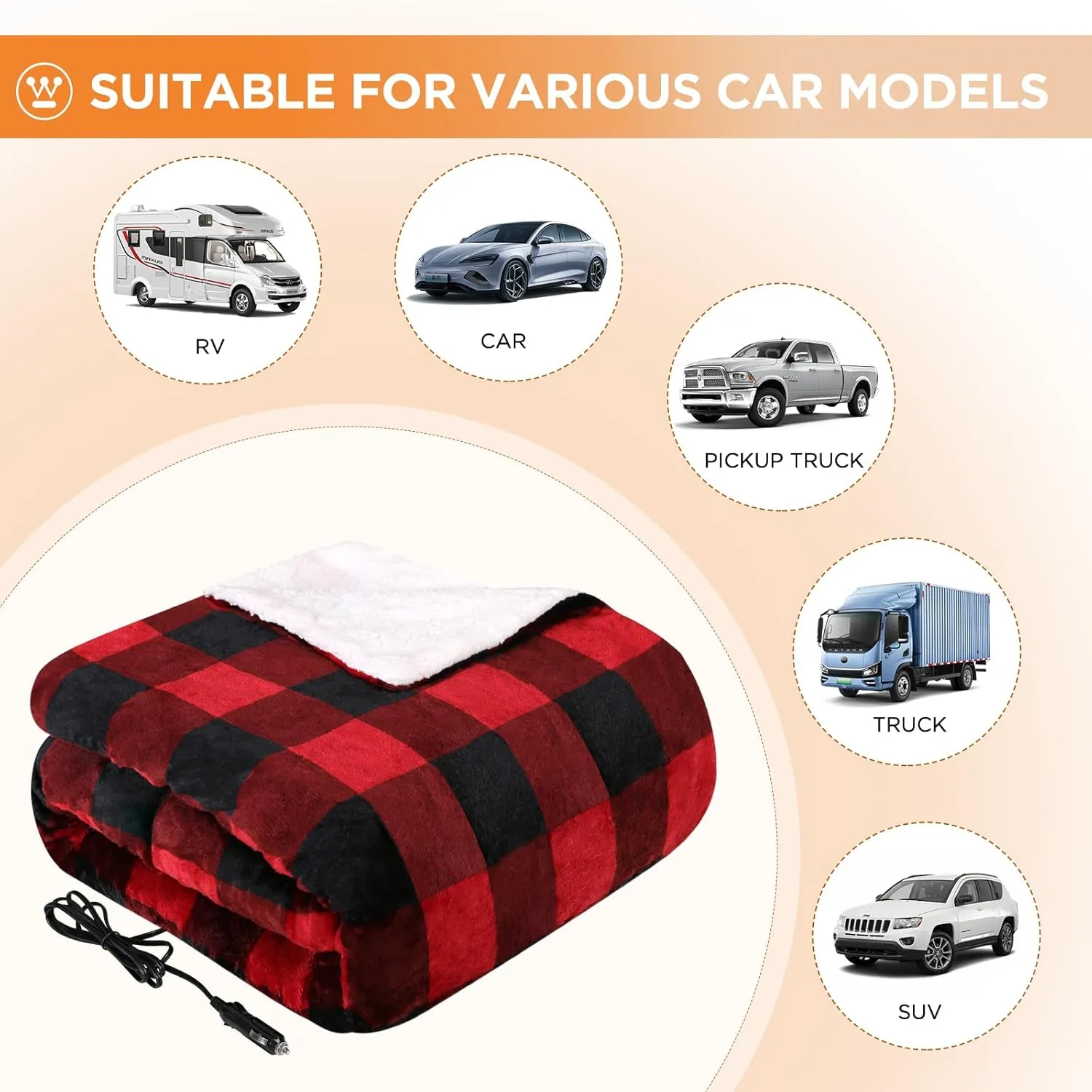 Westinghouse Heated Car Blanket with 3 Heating Levels, 4 Hours Auto Off, 12 Volt Electric Blanket for Car, Truck, SUV, RV, Machine Washable, 59" x 43”, (Red Buffalo Plaid)