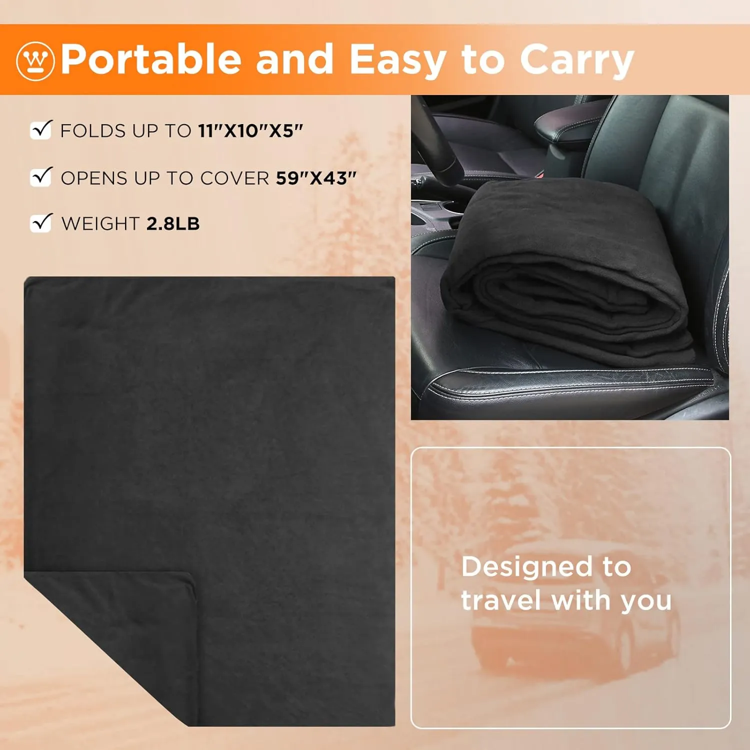 Westinghouse Heated Car Blanket with 3 Heating Levels, 4 Hours Auto Off, 12 Volt Electric Blanket for Car, Truck, SUV, RV, Portable Heated Throw for Camping, Machine Washable, 59" x 43”,(Charcoal)