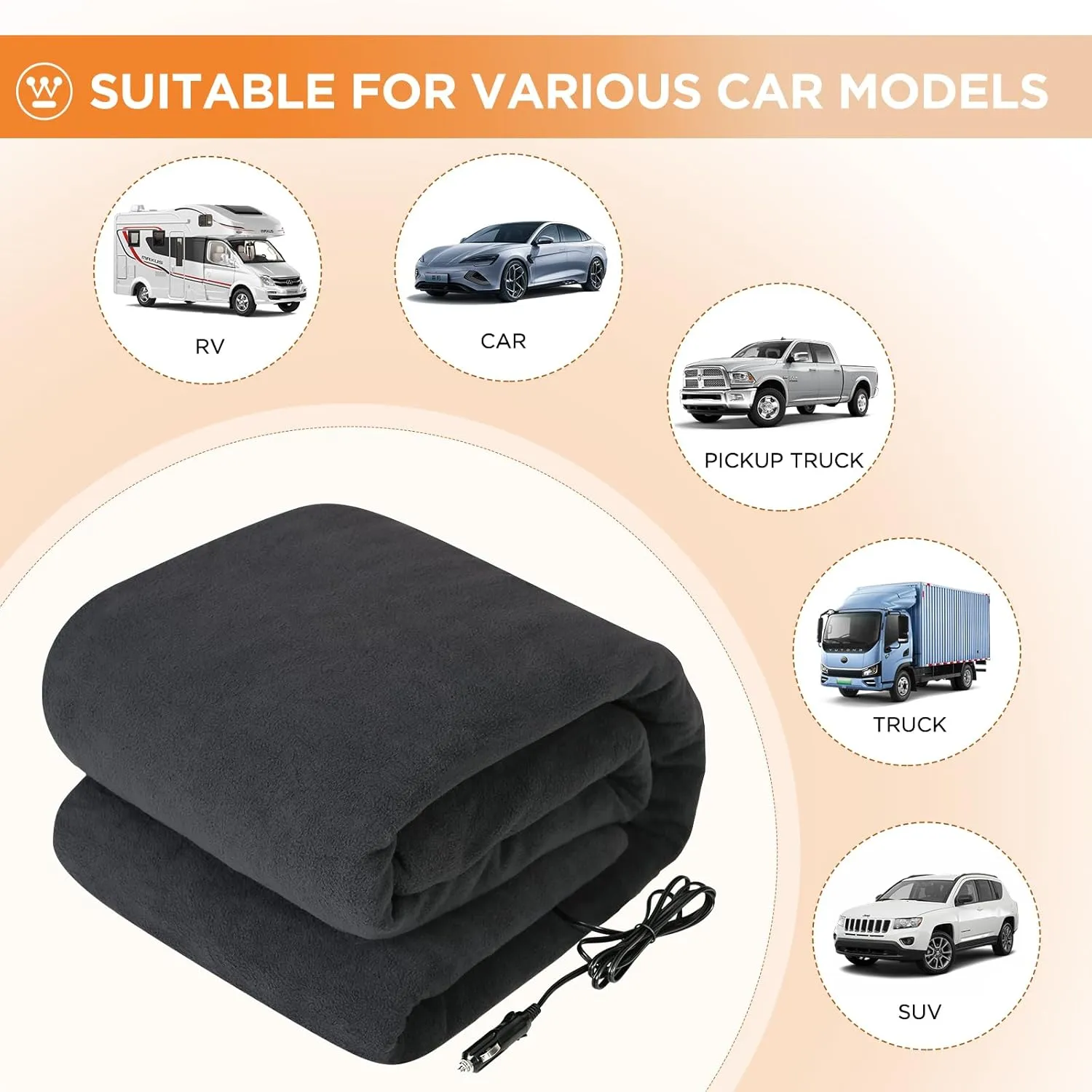 Westinghouse Heated Car Blanket with 3 Heating Levels, 4 Hours Auto Off, 12 Volt Electric Blanket for Car, Truck, SUV, RV, Portable Heated Throw for Camping, Machine Washable, 59" x 43”,(Charcoal)