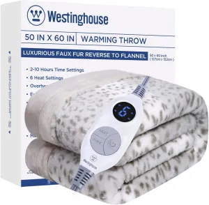 Westinghouse Heated Throw Blanket, Grey Leopard Electric Throw Blanket, Luxury Faux Fur to Flannel Reversible, 6 Heating Levels & 2-10 Hours Time Setting, Machine Washable(Throw, 50"x60")