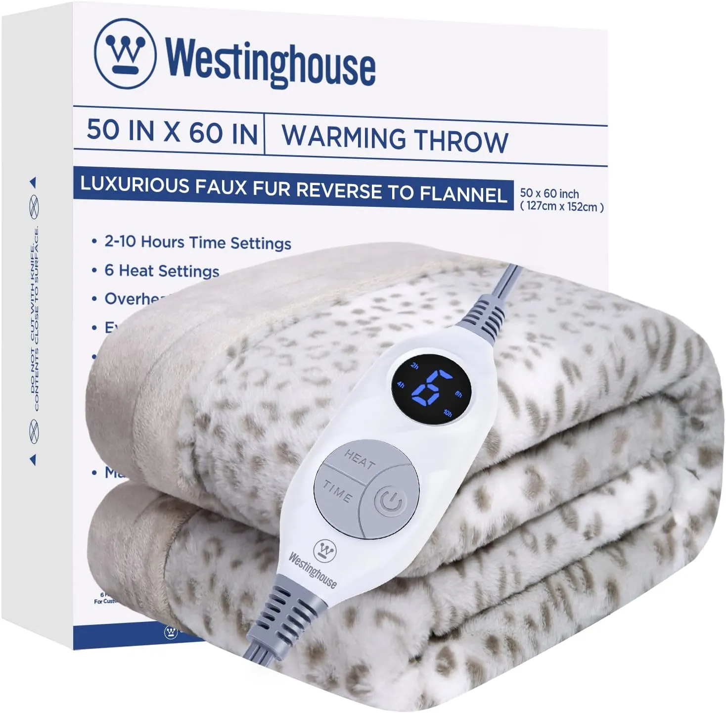Westinghouse Heated Throw Blanket, Grey Leopard Electric Throw Blanket, Luxury Faux Fur to Flannel Reversible, 6 Heating Levels & 2-10 Hours Time Setting, Machine Washable(Throw, 50"x60")