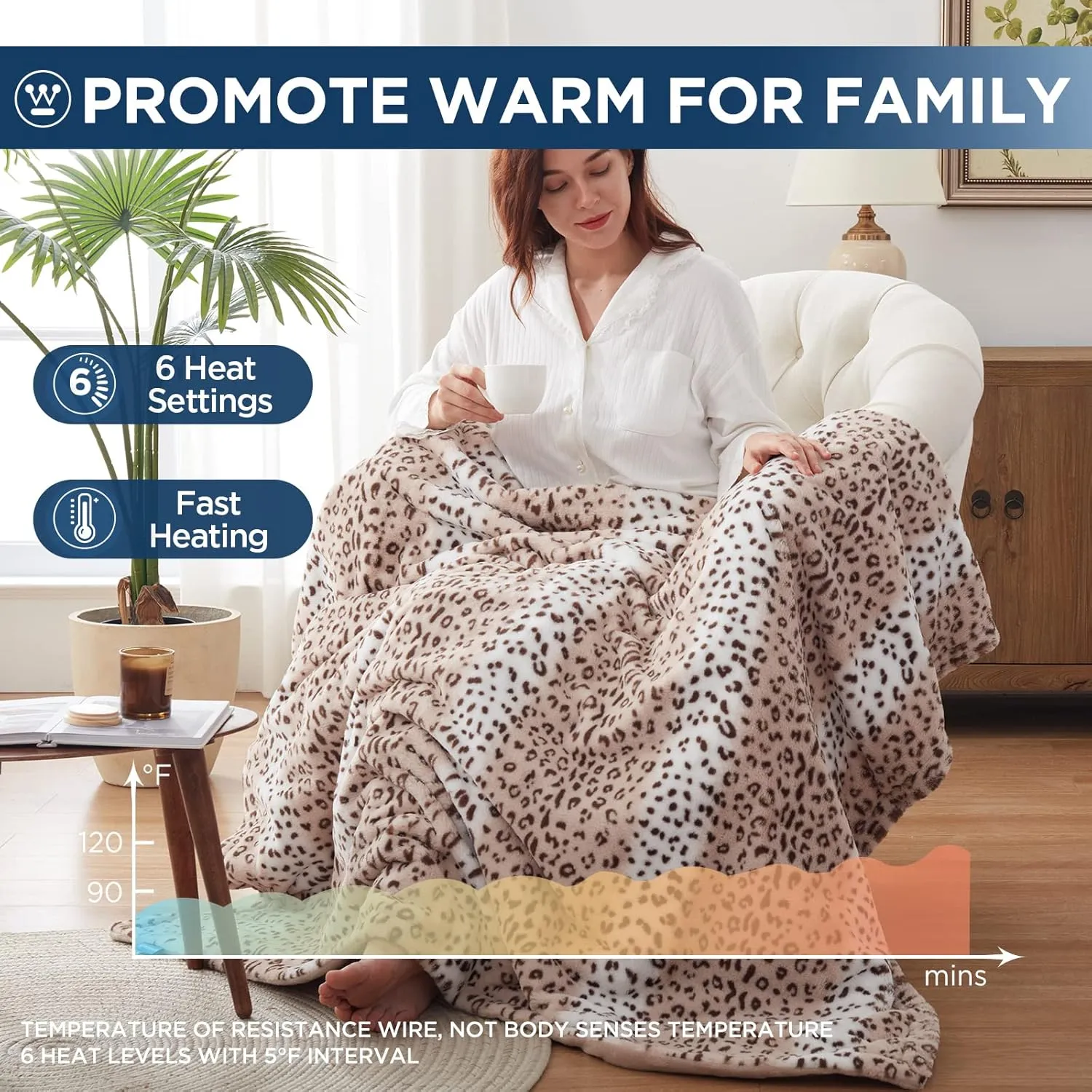 Westinghouse Heated Throw Blanket, Leopard Electric Throw Blanket, Luxury Faux Fur to Flannel Reversible, 6 Heating Levels & 2-10 Hours Time Setting, Machine Washable(Throw, 50"x60")