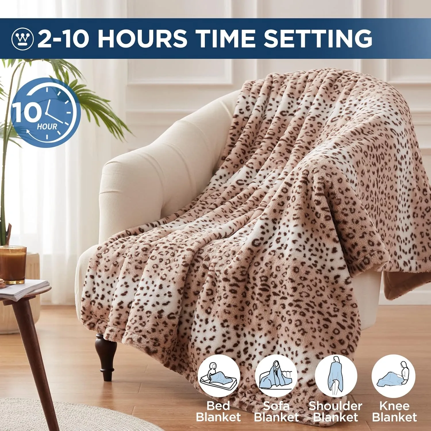 Westinghouse Heated Throw Blanket, Leopard Electric Throw Blanket, Luxury Faux Fur to Flannel Reversible, 6 Heating Levels & 2-10 Hours Time Setting, Machine Washable(Throw, 50"x60")