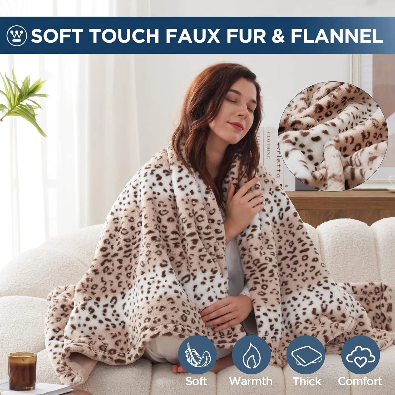 Westinghouse Heated Throw Blanket, Leopard Electric Throw Blanket, Luxury Faux Fur to Flannel Reversible, 6 Heating Levels & 2-10 Hours Time Setting, Machine Washable(Throw, 50"x60")