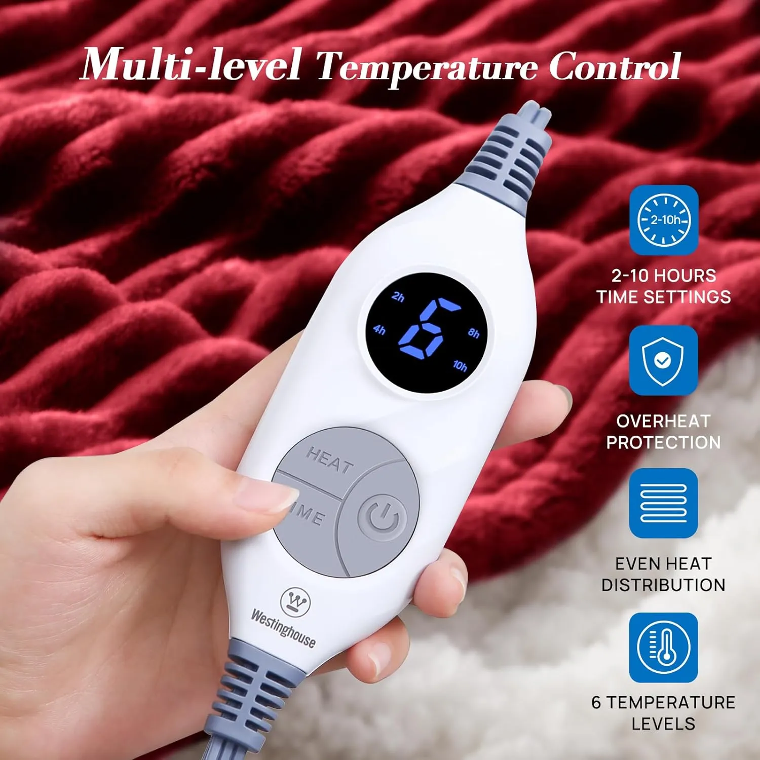 Westinghouse Heated Throw Blanket, Soft Flannel Sherpa Electric Blanket with 6 Heating Levels & 2-10 Hours Auto Shut Off, Fast Heating & ETL Certification, 50x60 Inch, Red