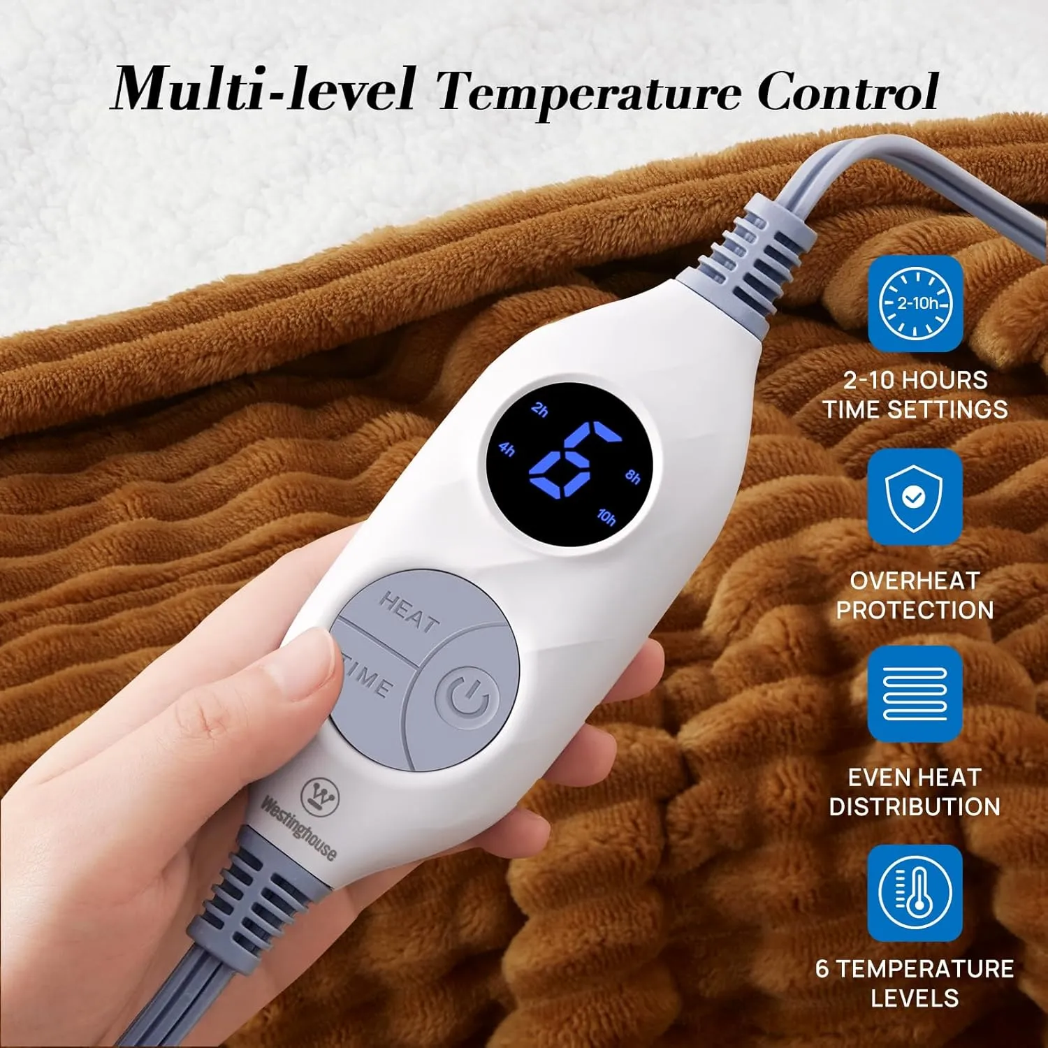 Westinghouse Heated Throw Blanket, Soft Flannel Sherpa Electric Throw with 6 Heating Levels & 2-10 Hours Auto Shut Off, Fast Heating & ETL Certification, Machine Washable, 50x60 Inch, Brown