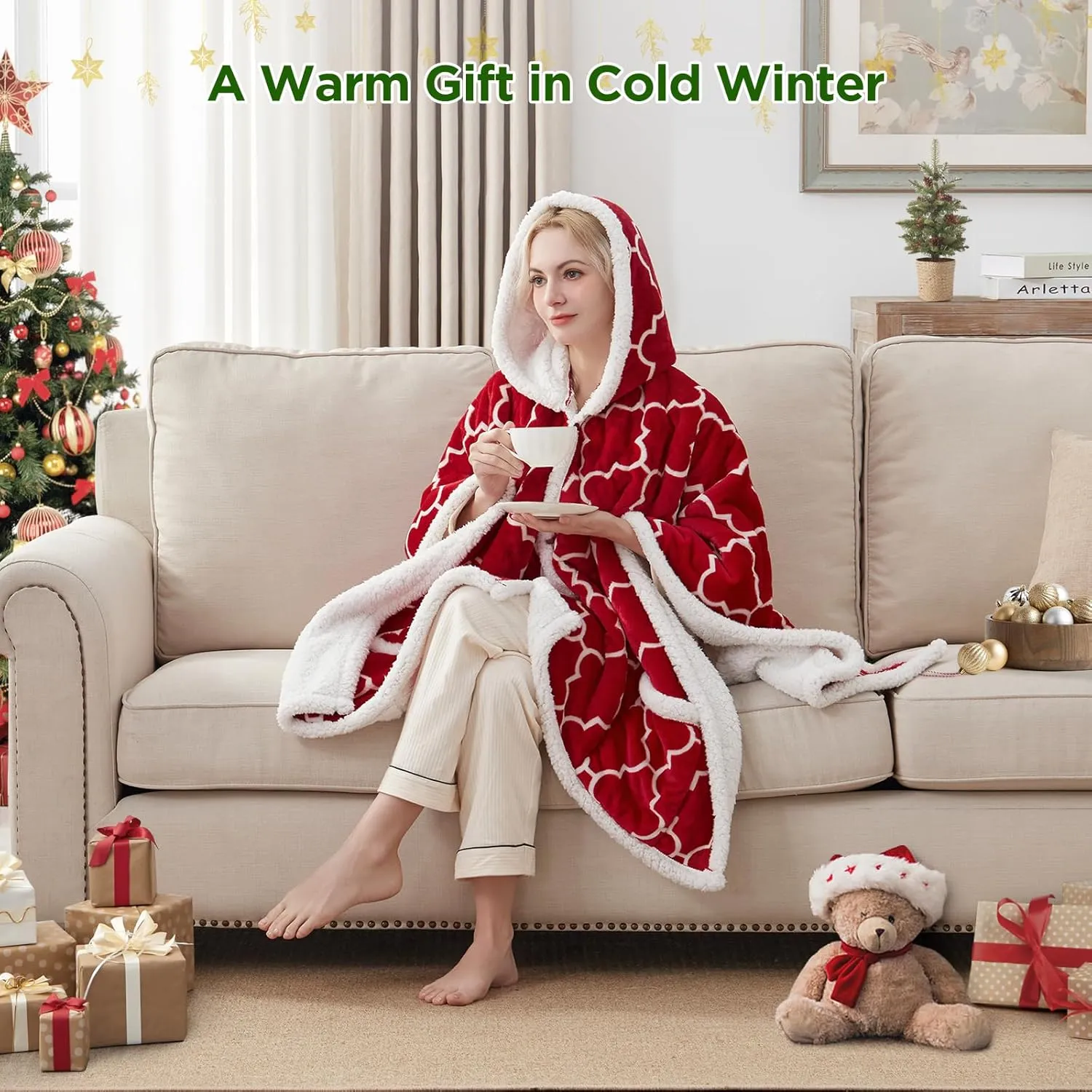 Westinghouse Heated Throw Blanket Wearable Shawl, Electric Wrap Poncho Blanket Hoodie with 6 Heating Levels & 2-10 Hours Time Settings, Winter Gifts for Mom Girlfriend Grandma, 50x60 Inch, Red