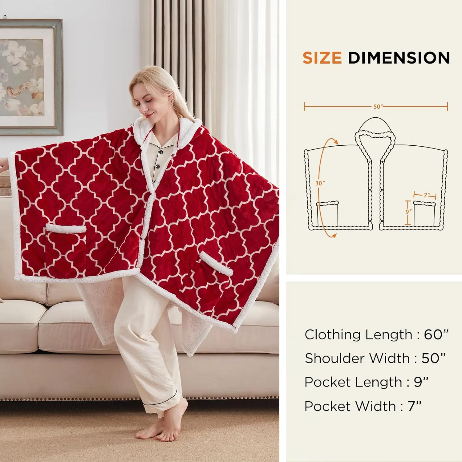 Westinghouse Heated Throw Blanket Wearable Shawl, Electric Wrap Poncho Blanket Hoodie with 6 Heating Levels & 2-10 Hours Time Settings, Winter Gifts for Mom Girlfriend Grandma, 50x60 Inch, Red