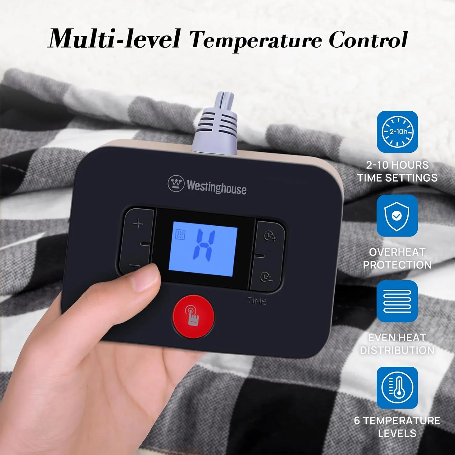Westinghouse King Size Heated Blanket, Soft Flannel to Sherpa Electric Blanket with Dual Control 10 Heating Levels & 1 to 12 Hours Auto Off, Fast Heating, Machine Washable, 100 * 90 Inch, Black
