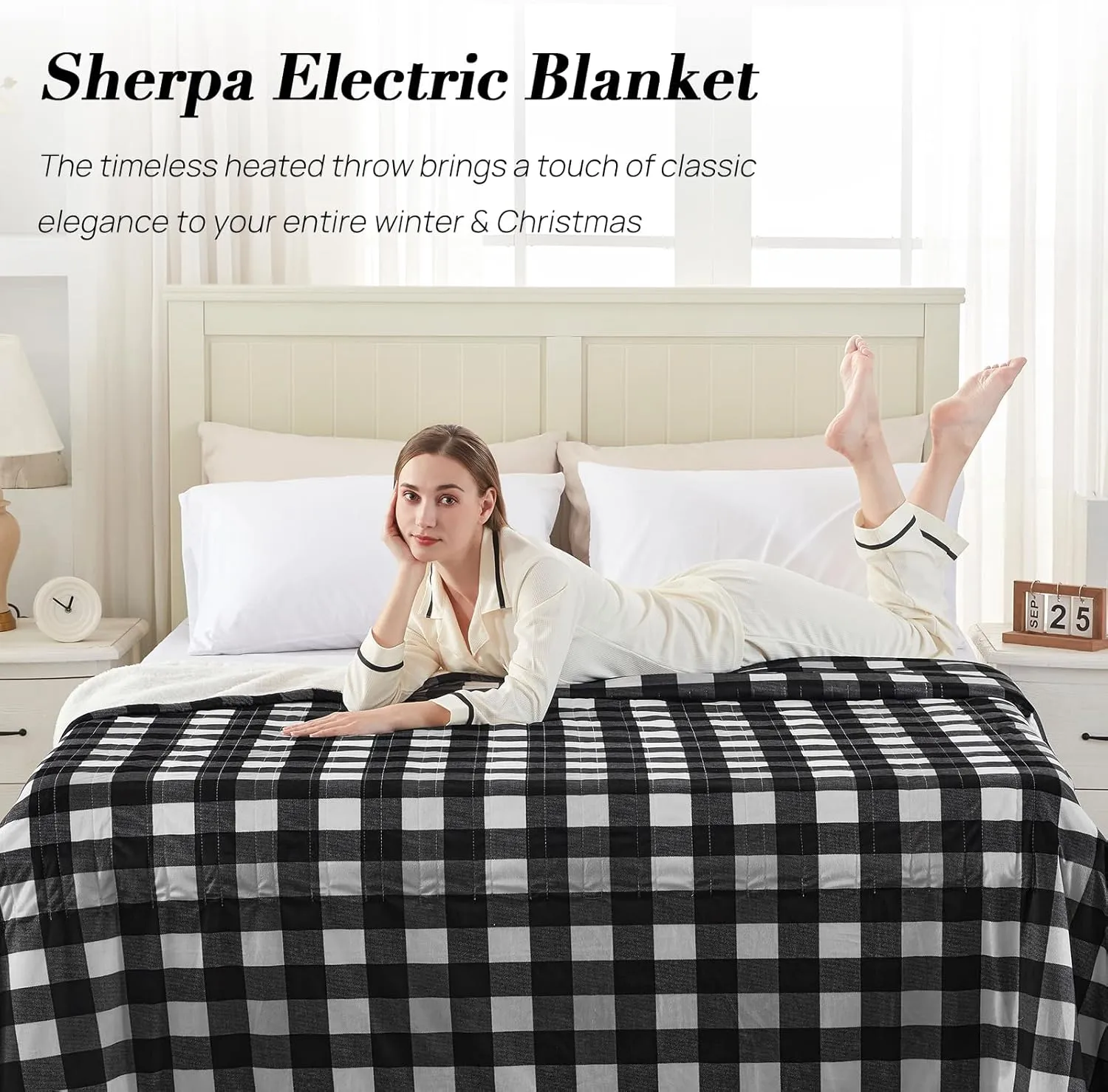 Westinghouse King Size Heated Blanket, Soft Flannel to Sherpa Electric Blanket with Dual Control 10 Heating Levels & 1 to 12 Hours Auto Off, Fast Heating, Machine Washable, 100 * 90 Inch, Black