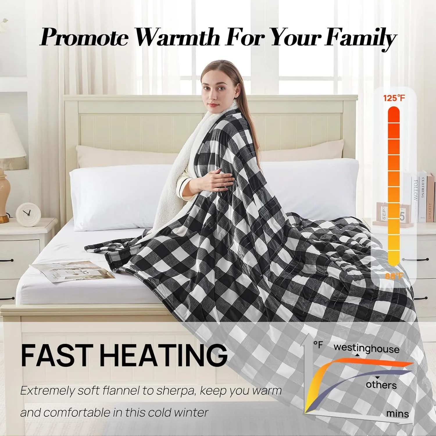 Westinghouse King Size Heated Blanket, Soft Flannel to Sherpa Electric Blanket with Dual Control 10 Heating Levels & 1 to 12 Hours Auto Off, Fast Heating, Machine Washable, 100 * 90 Inch, Black