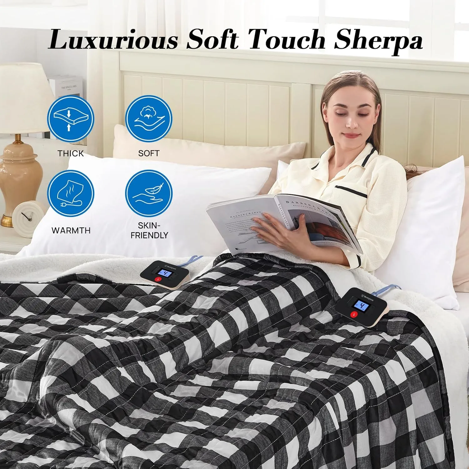 Westinghouse King Size Heated Blanket, Soft Flannel to Sherpa Electric Blanket with Dual Control 10 Heating Levels & 1 to 12 Hours Auto Off, Fast Heating, Machine Washable, 100 * 90 Inch, Black