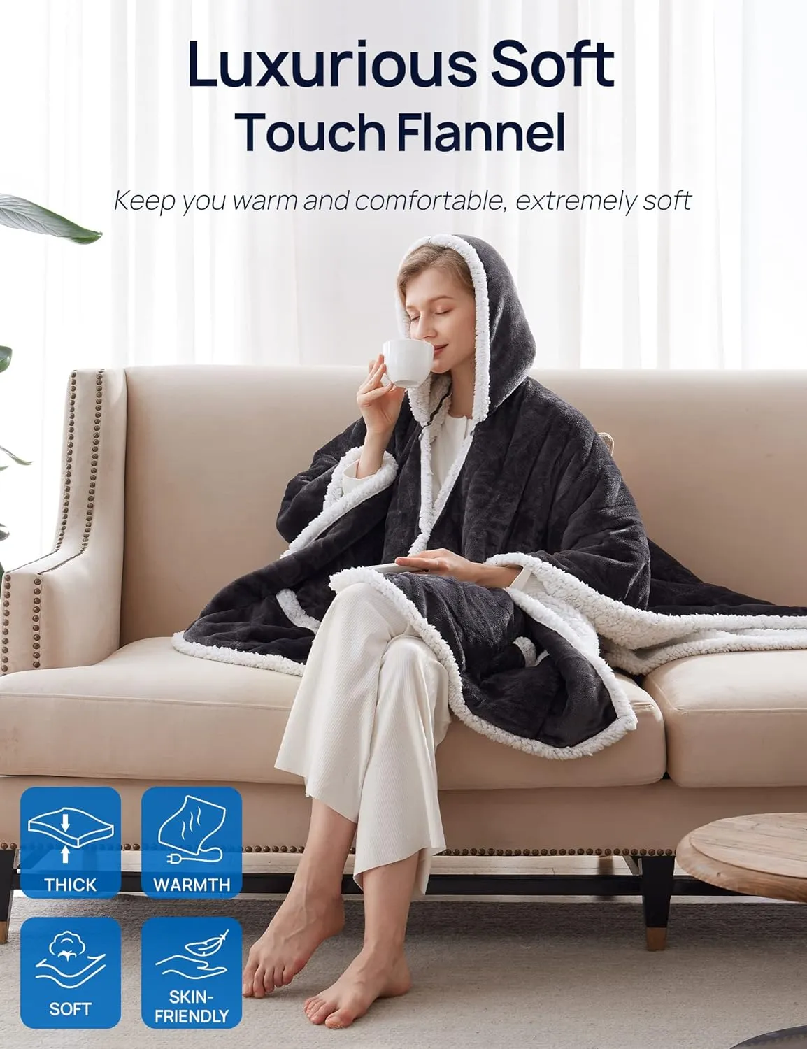 Westinghouse Wearable Heated Throw Blanket, Electric Heated Wrap Poncho Shawl with Pockets, 6 Heating Levels & 2 to 10 Hours Time Settings, 50 x 60 Inch, Beige, Grey