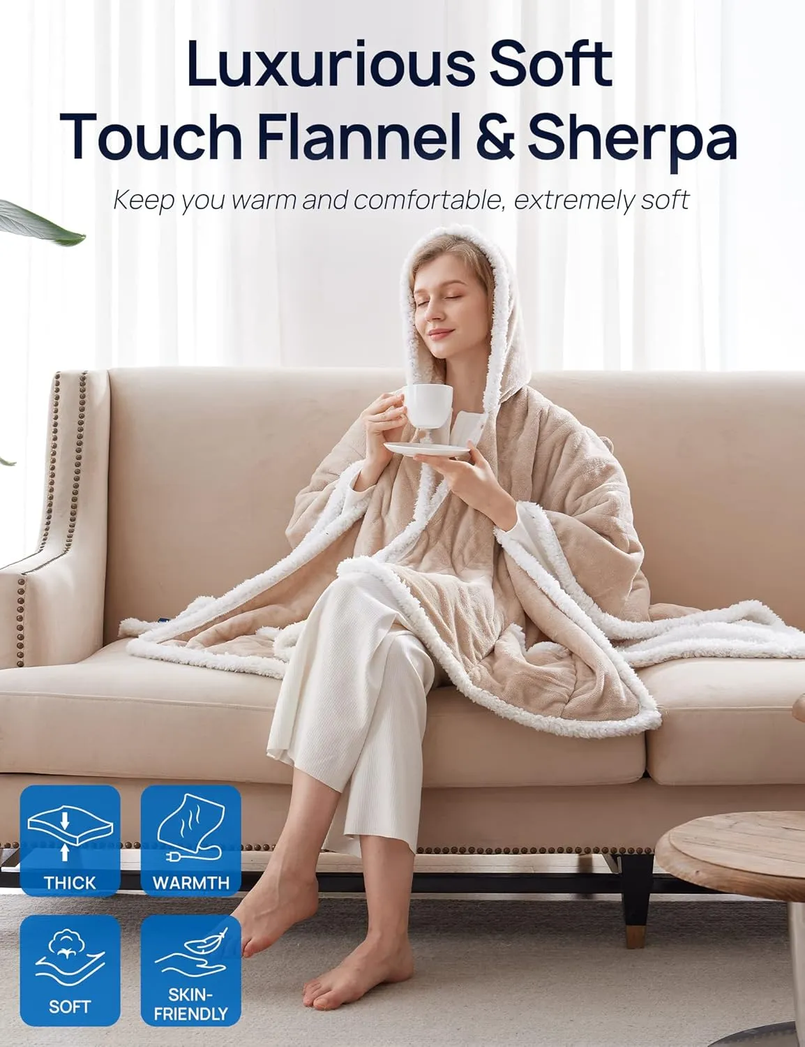 Westinghouse Wearable Heated Throw Blanket, Electric Heated Wrap Poncho Shawl with Pockets, 6 Heating Levels & 2 to 10 Hours Time Settings, 50 x 60 Inch, Beige
