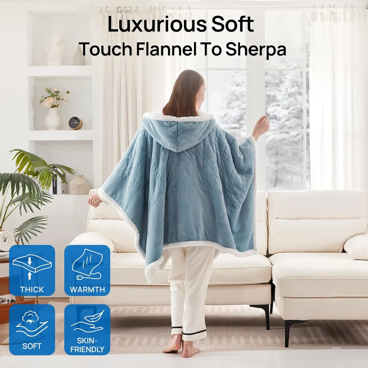 Westinghouse Wearable Heated Throw Blanket, Electric Heated Wrap Poncho Shawl with Pockets, 6 Heating Levels & 2 to 10 Hours Time Settings, 50 x 60 Inch, Light Blue