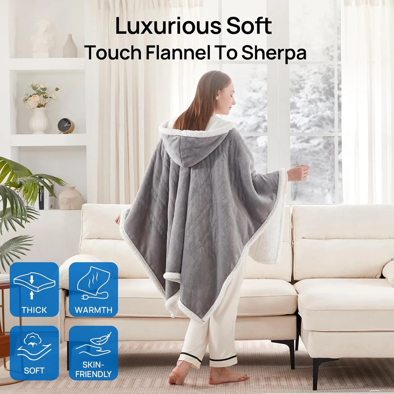 Westinghouse Wearable Heated Throw Blanket, Electric Heated Wrap Poncho Shawl with Pockets, 6 Heating Levels & 2 to 10 Hours Time Settings, 50 x 60 Inch, Light Grey