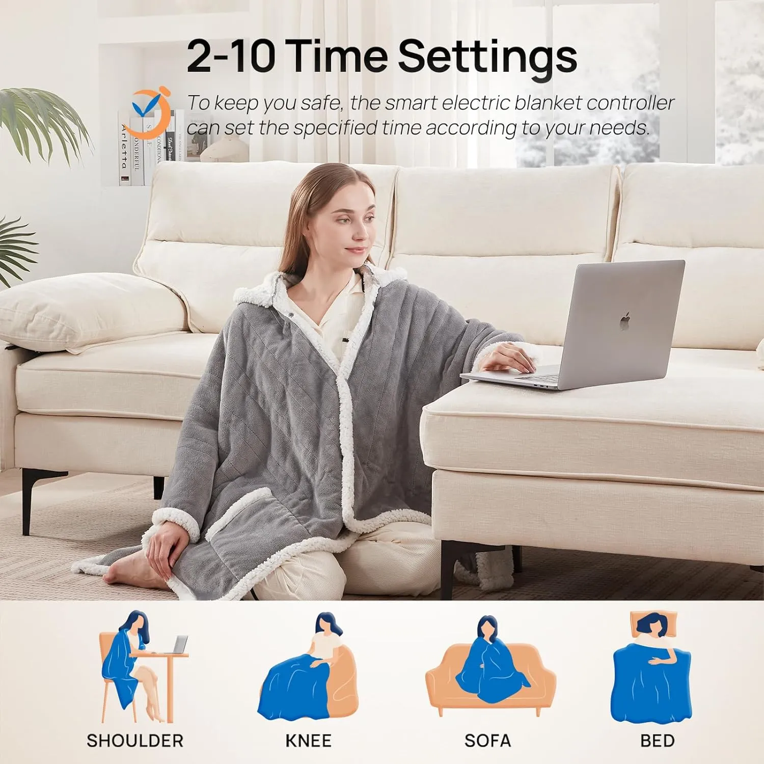 Westinghouse Wearable Heated Throw Blanket, Electric Heated Wrap Poncho Shawl with Pockets, 6 Heating Levels & 2 to 10 Hours Time Settings, 50 x 60 Inch, Light Grey