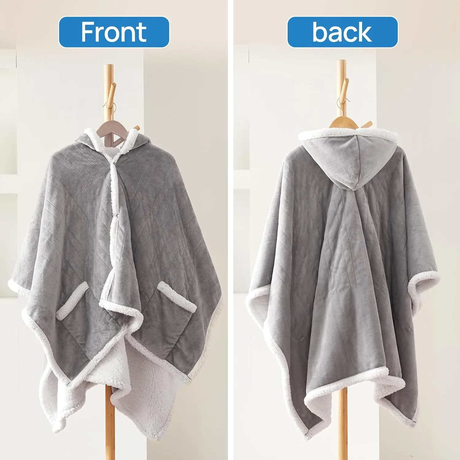 Westinghouse Wearable Heated Throw Blanket, Electric Heated Wrap Poncho Shawl with Pockets, 6 Heating Levels & 2 to 10 Hours Time Settings, 50 x 60 Inch, Light Grey