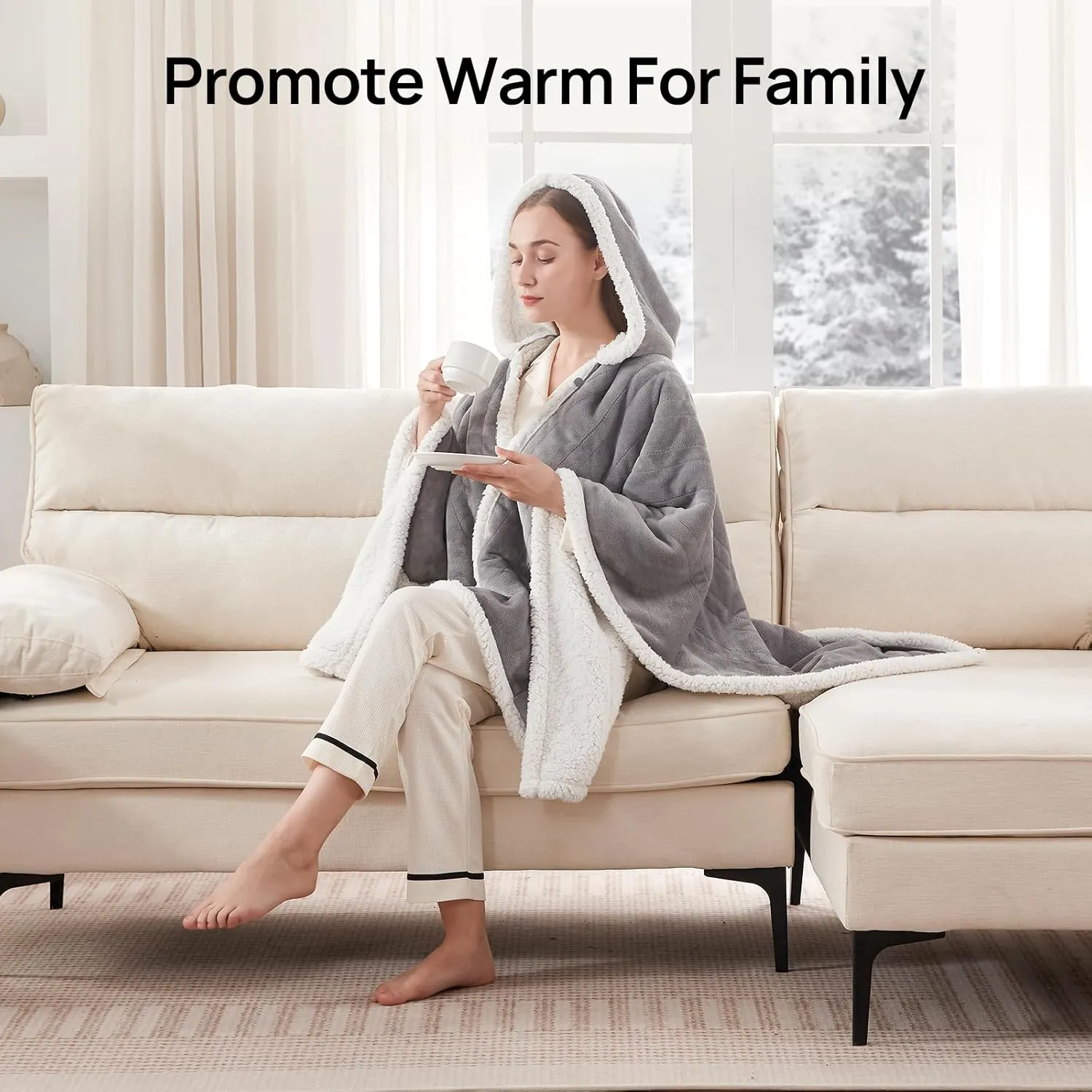 Westinghouse Wearable Heated Throw Blanket, Electric Heated Wrap Poncho Shawl with Pockets, 6 Heating Levels & 2 to 10 Hours Time Settings, 50 x 60 Inch, Light Grey