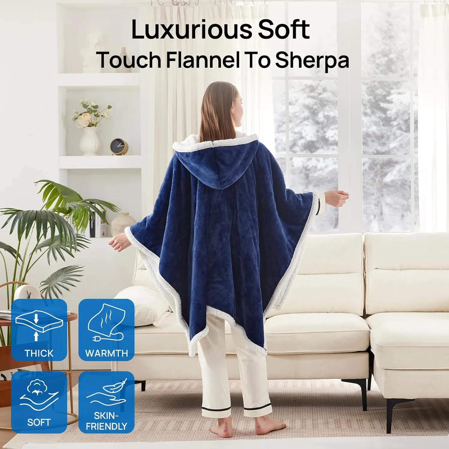 Westinghouse Wearable Heated Throw Blanket, Electric Heated Wrap Poncho Shawl with Pockets, 6 Heating Levels & 2 to 10 Hours Time Settings, 50 x 60 Inch, Navy