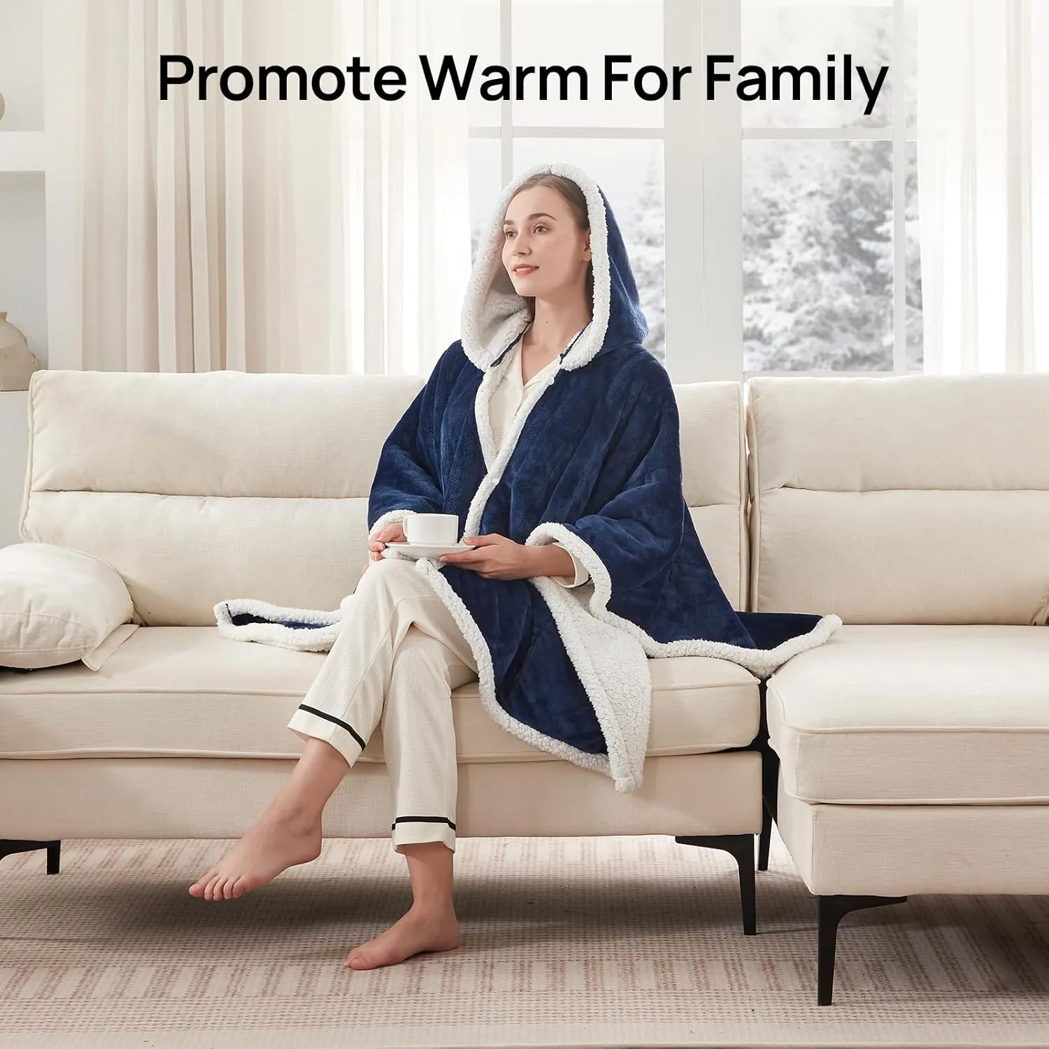 Westinghouse Wearable Heated Throw Blanket, Electric Heated Wrap Poncho Shawl with Pockets, 6 Heating Levels & 2 to 10 Hours Time Settings, 50 x 60 Inch, Navy
