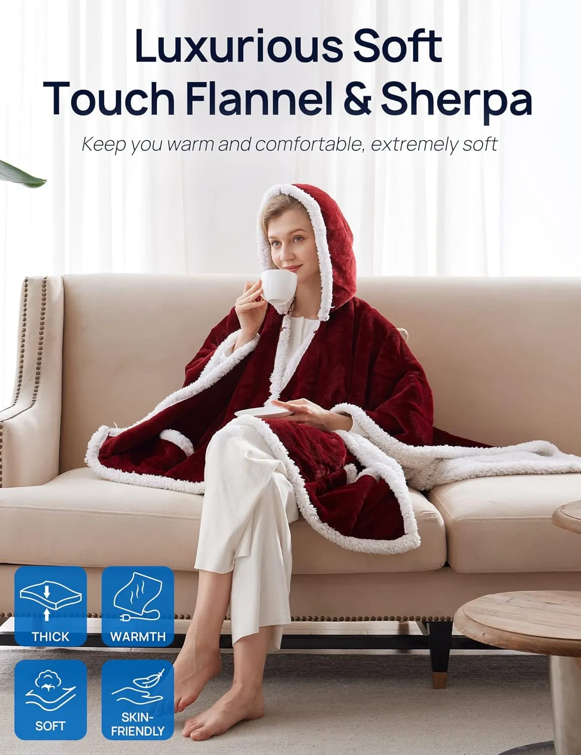 Westinghouse Wearable Heated Throw Blanket, Electric Heated Wrap Poncho Shawl with Pockets, 6 Heating Levels & 2 to 10 Hours Time Settings, 50 x 60 Inch, Red