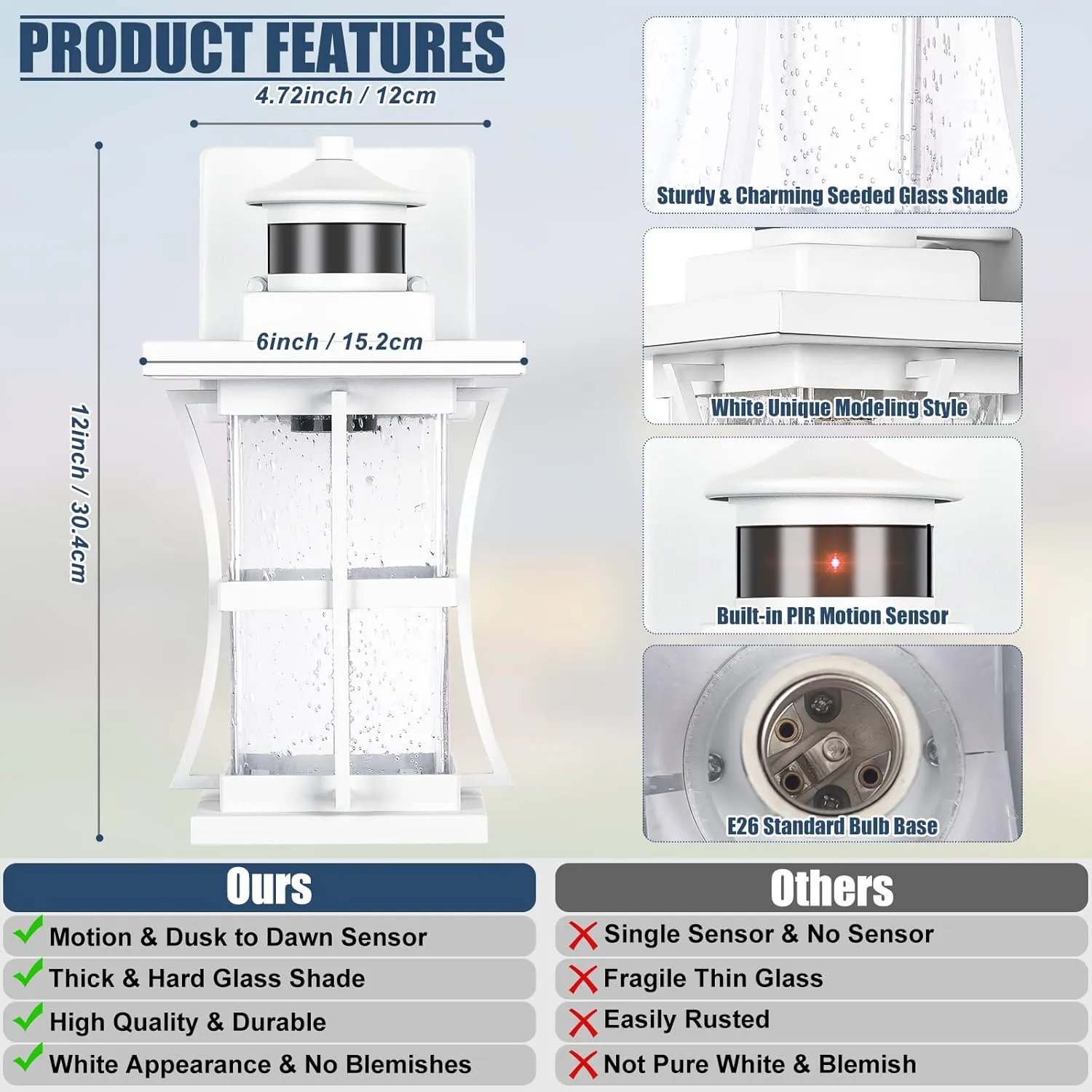 White Motion Sensor Outdoor Lights - Advanced Dusk to Dawn Outdoor Lighting, Waterproof Exterior Light Wall Mount Fixtures, Anti-Rust Porch Outside Lights Wall Sconce for House, Garage, Square