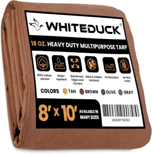 WHITEDUCK 8'x10' Canvas Tarp 18 oz/37 Mil Heavy Duty Waterproof UV Resistant, Rustproof Grommets, Industrial & Commercial Use Cloth Tarp (Finished Size: 7'6"x9'6", Brown)