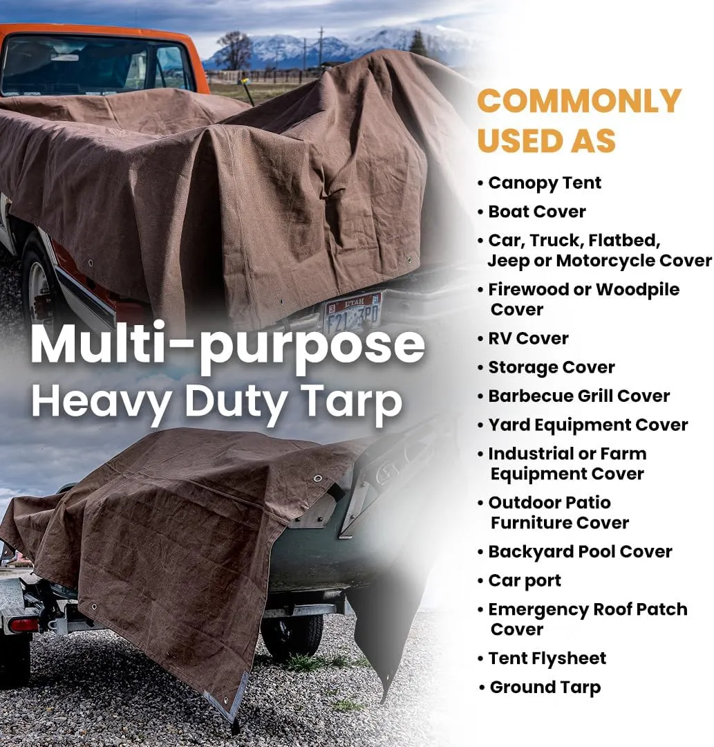 WHITEDUCK 8'x10' Canvas Tarp 18 oz/37 Mil Heavy Duty Waterproof UV Resistant, Rustproof Grommets, Industrial & Commercial Use Cloth Tarp (Finished Size: 7'6"x9'6", Brown)