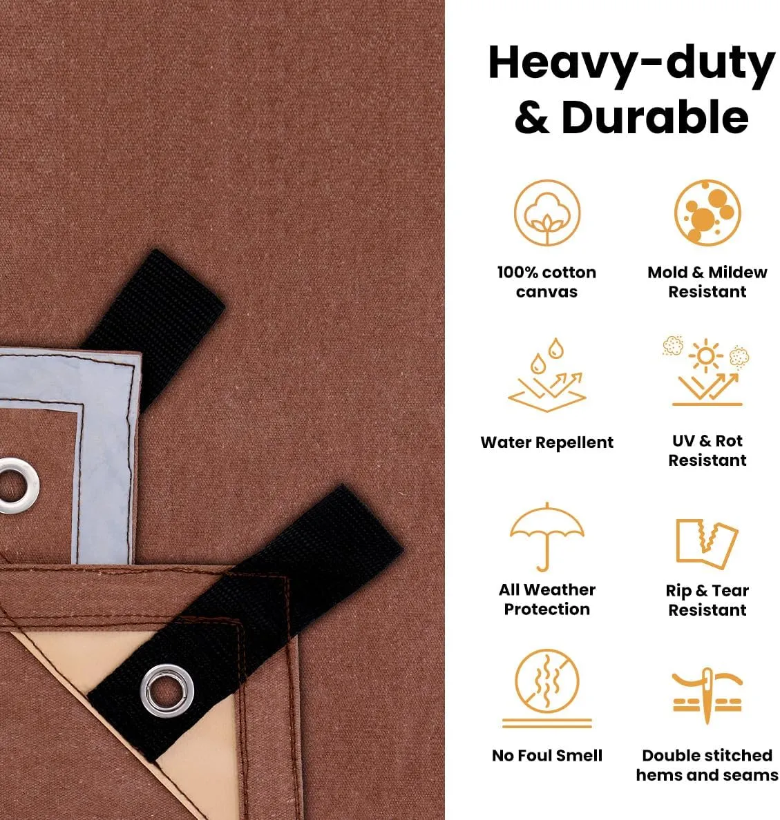 WHITEDUCK 8'x10' Canvas Tarp 18 oz/37 Mil Heavy Duty Waterproof UV Resistant, Rustproof Grommets, Industrial & Commercial Use Cloth Tarp (Finished Size: 7'6"x9'6", Brown)