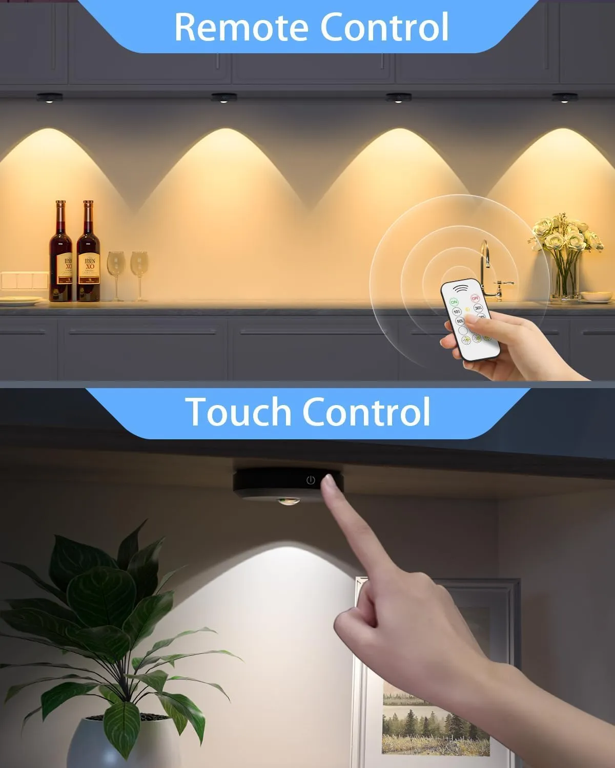 WILLED Puck Lights with Remote Control, Rechargeable Under Cabinet Lights, 1200mAh Battery Operated Tap Lights, Dimmable Push Lighting, Wireless Closet Light, LED USB Stick On Light (6 Pack)