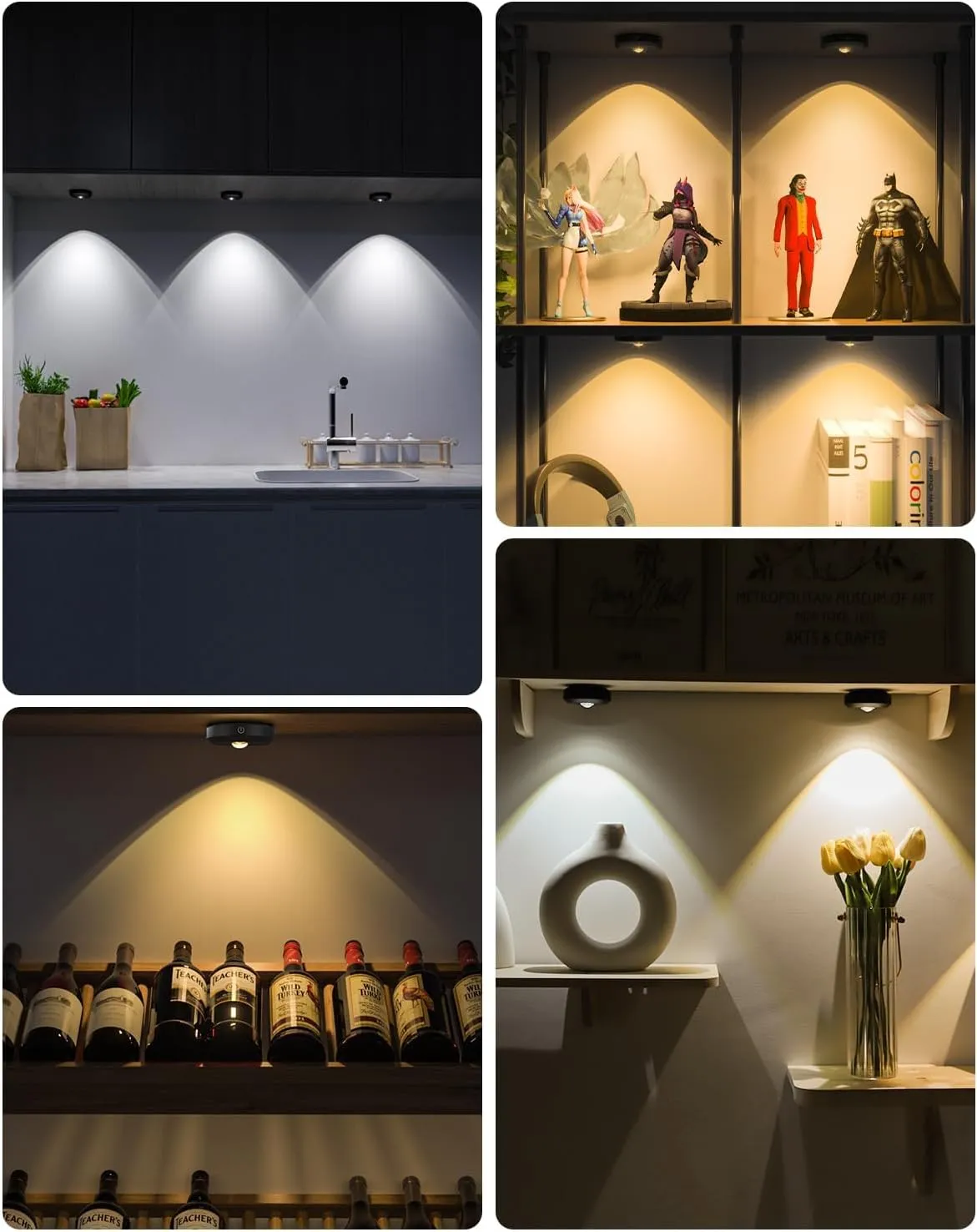 WILLED Puck Lights with Remote Control, Rechargeable Under Cabinet Lights, 1200mAh Battery Operated Tap Lights, Dimmable Push Lighting, Wireless Closet Light, LED USB Stick On Light (6 Pack)