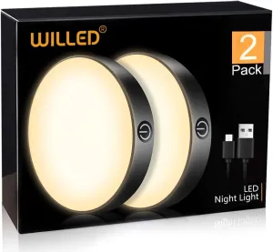 WILLED Tap Light Rechargeable, 3000K Dimmable Touch Light Buit-in 1000mAh Large Battery, Stick on Closet Light, Portable LED Puck Night Lights for Cabinet, Wardrobe, Counter, Kitchen, Bedroom (2 Pack)