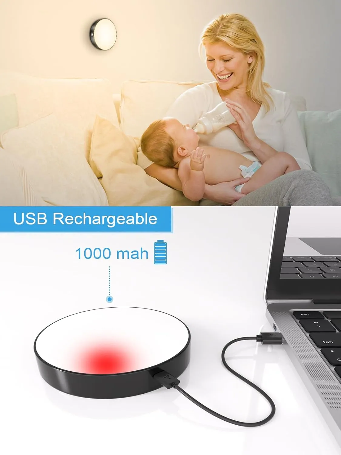 WILLED Tap Light Rechargeable, 3000K Dimmable Touch Light Buit-in 1000mAh Large Battery, Stick on Closet Light, Portable LED Puck Night Lights for Cabinet, Wardrobe, Counter, Kitchen, Bedroom (2 Pack)