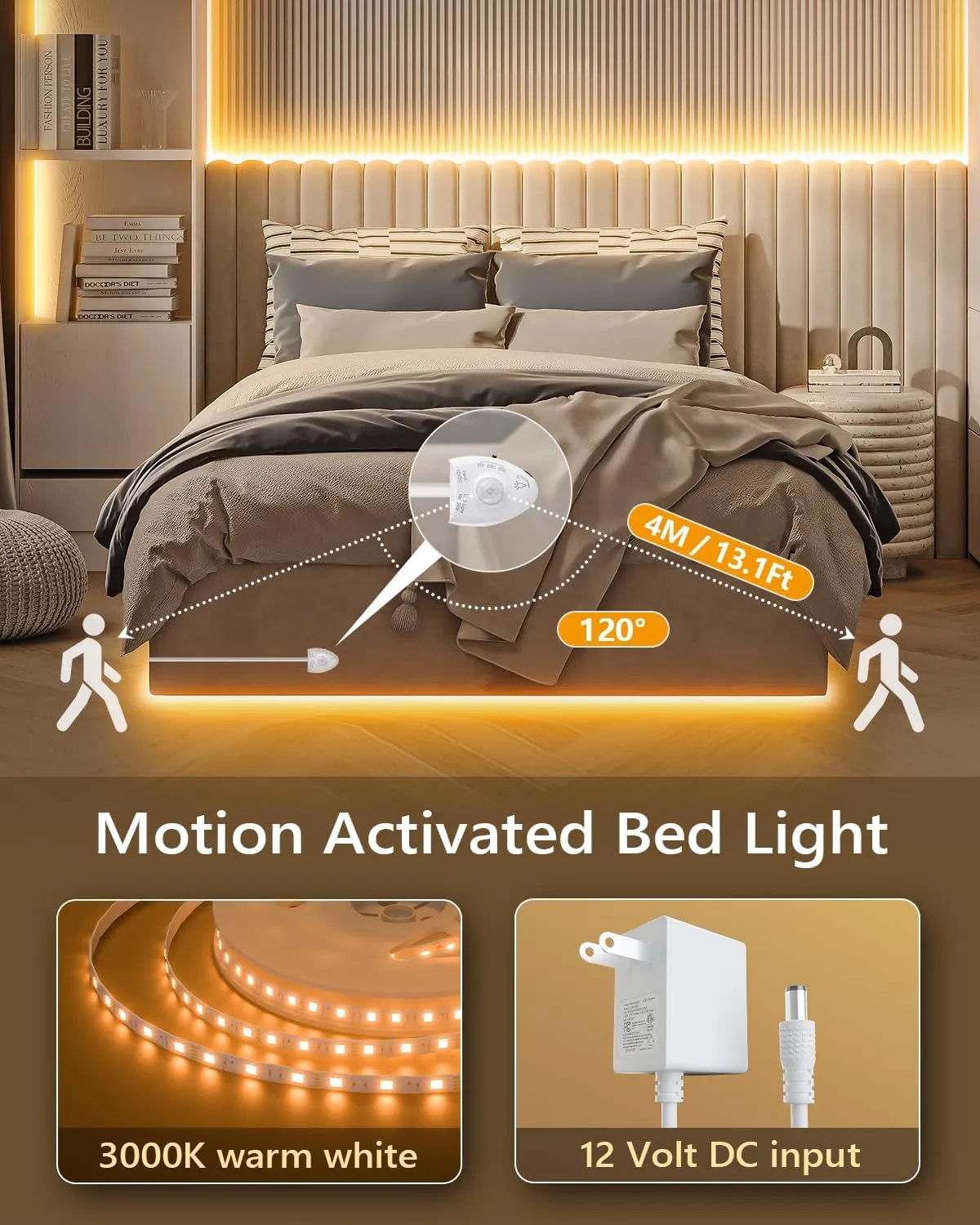 WILLED Under Bed Lights, Dimmable Motion Activated Led Light Strip, Under Bed Lighting with Motion Sensor and Power Adapter, Soft Warm Glow LED Lights for Bedroom, Crib, Cabinet and Bathroom