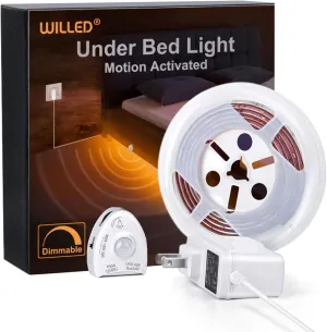 WILLED Under Bed Lights, Dimmable Motion Activated Led Light Strip, Under Bed Lighting with Motion Sensor and Power Adapter, Soft Warm Glow LED Lights for Bedroom, Crib, Cabinet and Bathroom