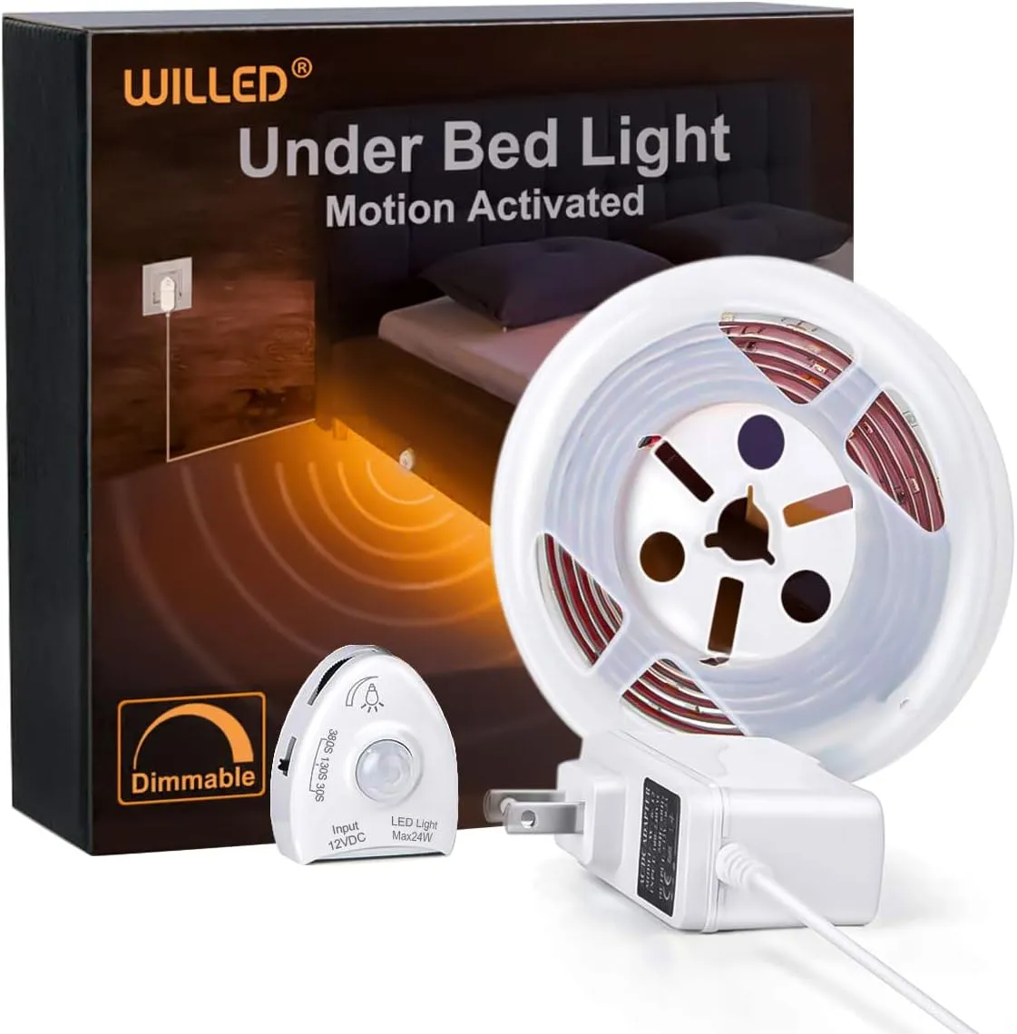 WILLED Under Bed Lights, Dimmable Motion Activated Led Light Strip, Under Bed Lighting with Motion Sensor and Power Adapter, Soft Warm Glow LED Lights for Bedroom, Crib, Cabinet and Bathroom